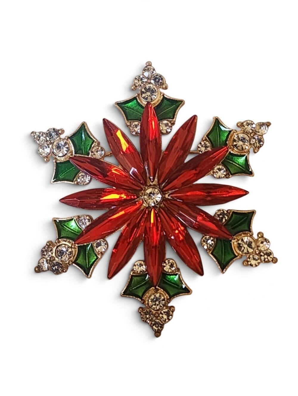 🎄 ✨ Christmas Snowflake  Poinsettia Rhinestone Brooch